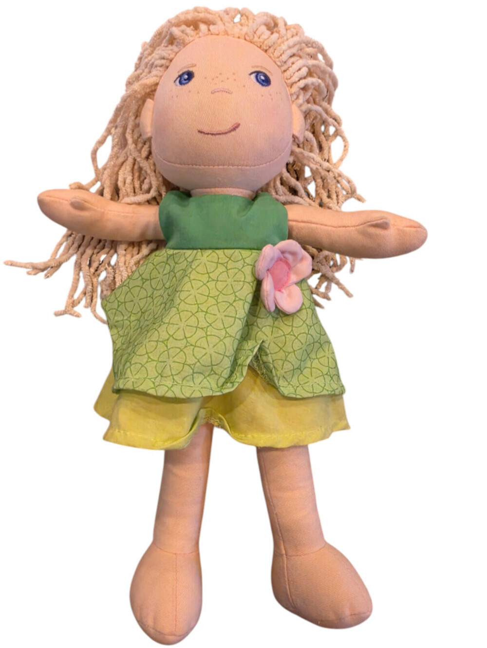 HABA Mali 12" Soft Doll with Blonde Hair, Blue Eyes and Embroidered Face
